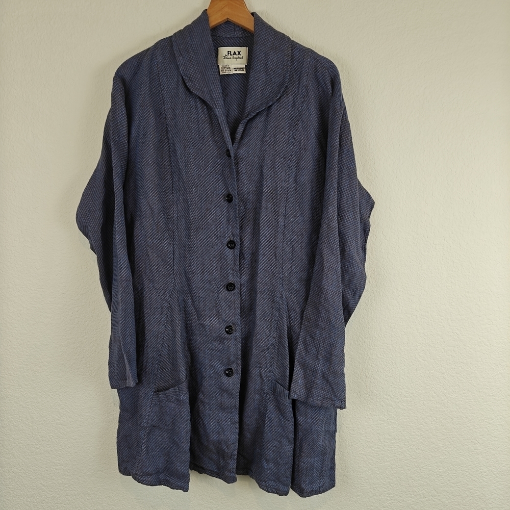 FLAX Jeanne Engelhart VTG 100% Linen Long Sleeve Jacket Pockets Blue Button M - Picture 1 of 13